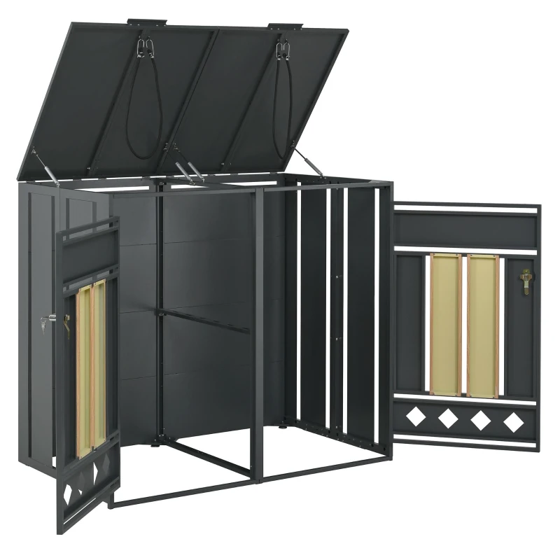 Mülltonnenbox mit hydraulischem Klappdeckel, abschließbaren Türen und zwei Fächern, 132x80x118,5 cm, Grau+Naturfarbe