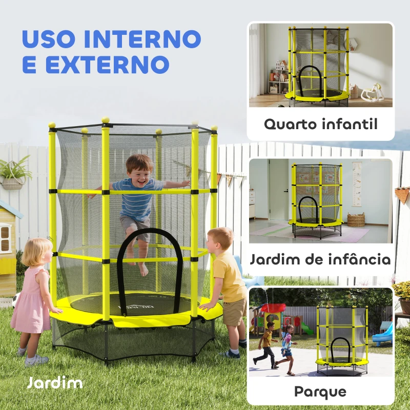 HOMCOM Cama Elástica Infantil Ø140 cm para Crianças dos 3-10 Anos com Rede de Segurança, Suporta até 50 kg, para Interior e Exterior, Amarelo
