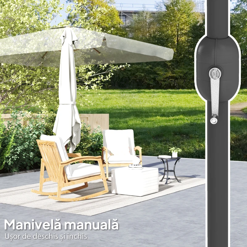 Outsunny Umbrelă dreptunghiulară de grădină 2x3 m cu manivelă, din metal și poliester, crem