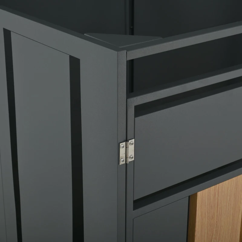 Mülltonnenbox mit hydraulischem Klappdeckel, abschließbaren Türen und zwei Fächern, 132x80x118,5 cm, Grau+Naturfarbe