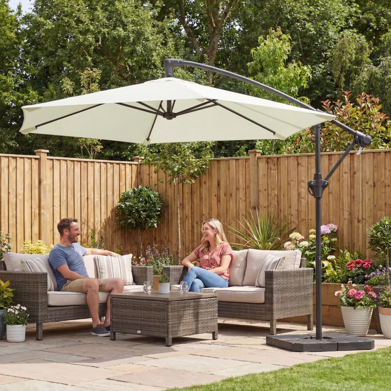 Outsunny Parasol déporté 3 m avec pied en croix et dalles lestage, parasol de jardin extérieur avec manivelle, crème