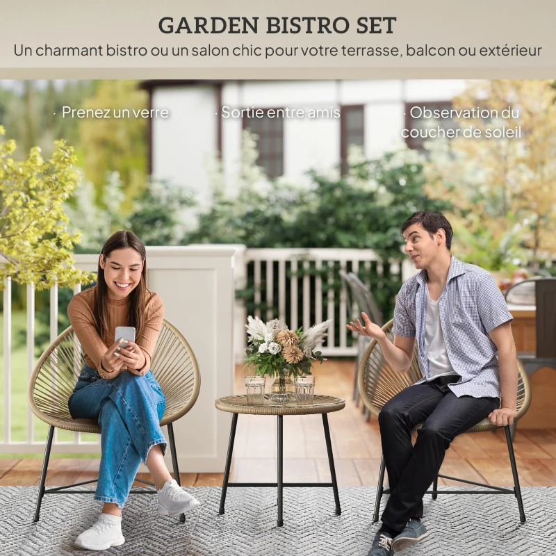 Outsunny Salon de jardin extérieur en résine tressée 2 personnes, plateau en verre trempé, pour balcon terrasse patio, naturel