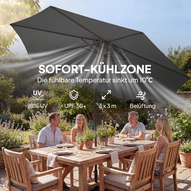 Outsunny Sonnenschirm ca. Ø300 cm neigbar Balkonschirm mit Kurbel Kreuzfuß Sandsack, UV 30+ Einziehbar Dunkelgrau
