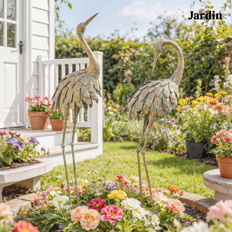 Outsunny Lot de 2 Statues de Jardin, Sculpture de Héron en Métal, Statues d'oiseaux 91/95cm, pour Cour, Étang, Terrasse, or/bleu