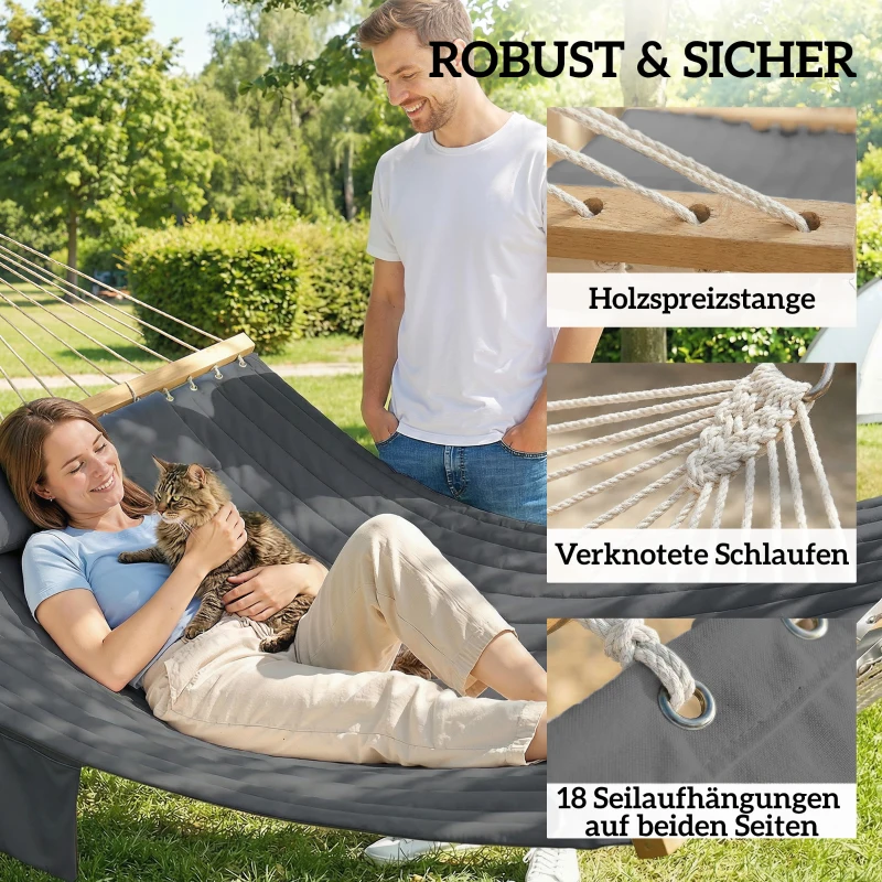 Outsunny Hängematte Outdoor 200x140cm, zweilagig Hängematte mit Kopfstütze Magazintasche Holzstäbe bis 200kg