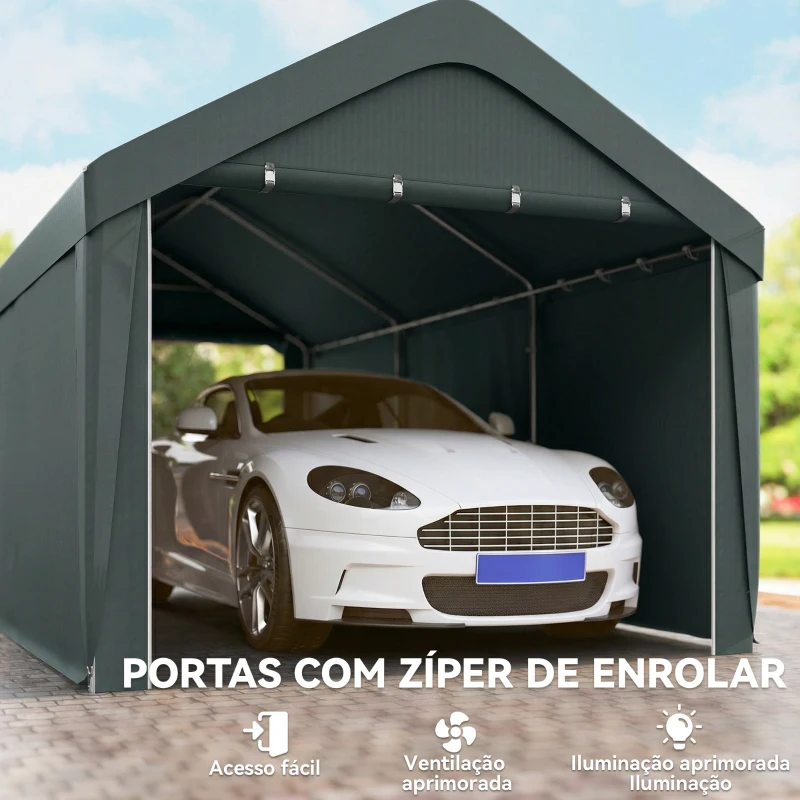 Outsunny Abrigo de Exterior 590x300x280 cm Garagem de Exterior para Carros Anti UV com Paredes Laterais Desmontáveis e 2 Portas Cinza Escuro