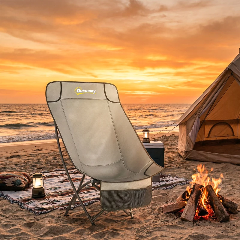 Outsunny Camping Chair for Adults Heavy Duty Folding Camp Chair with Side Pocket and Carry Bag Khaki