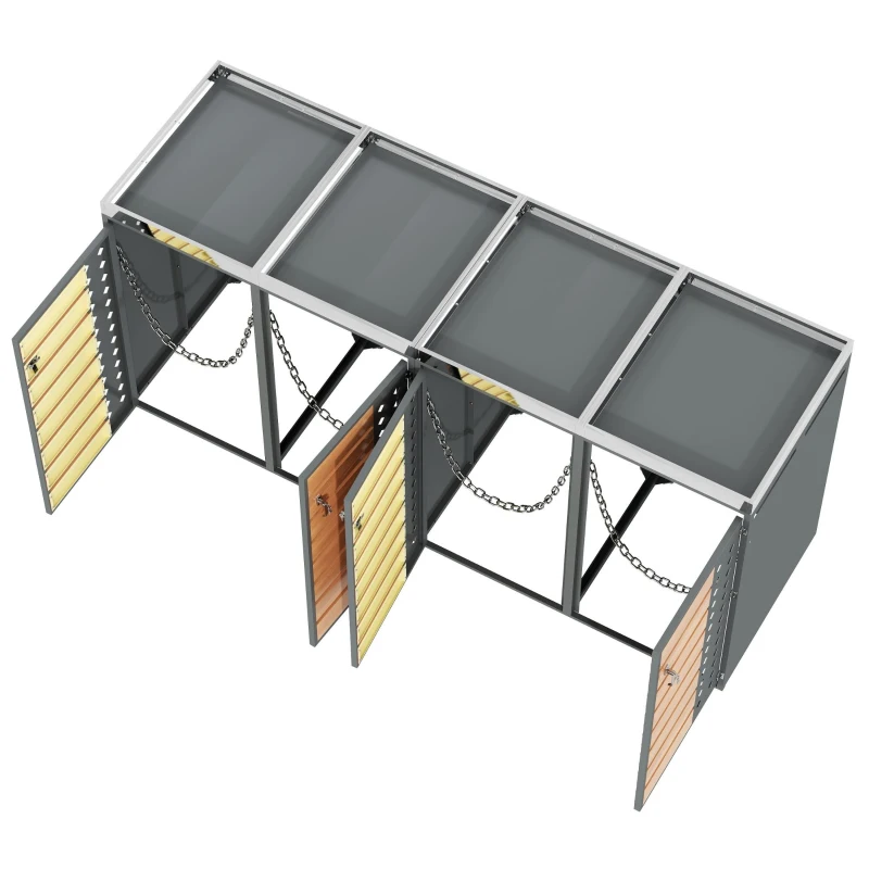 Mülltonnenbox 4‑fach, abschließbar mit integriertem Pflanzkasten, 264x80x124.5 cm, Grau+Naturfarbe