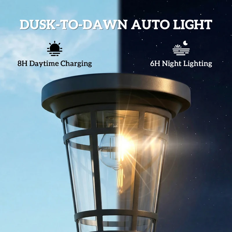 Outsunny Solar Lantaarn 2-delig Set Staande Lamp 180cm Verstelbaar met 2 Helderheidsmodi Lichtsensor Schakelaar, IP44