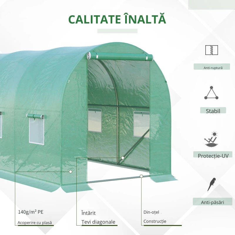 Outsunny Seră de Grădină Tunel 8m² 4L x 2l x 1,9H m Oțel galvanizat Polietilenă cu densitate ridicată ferestre ușă Verde