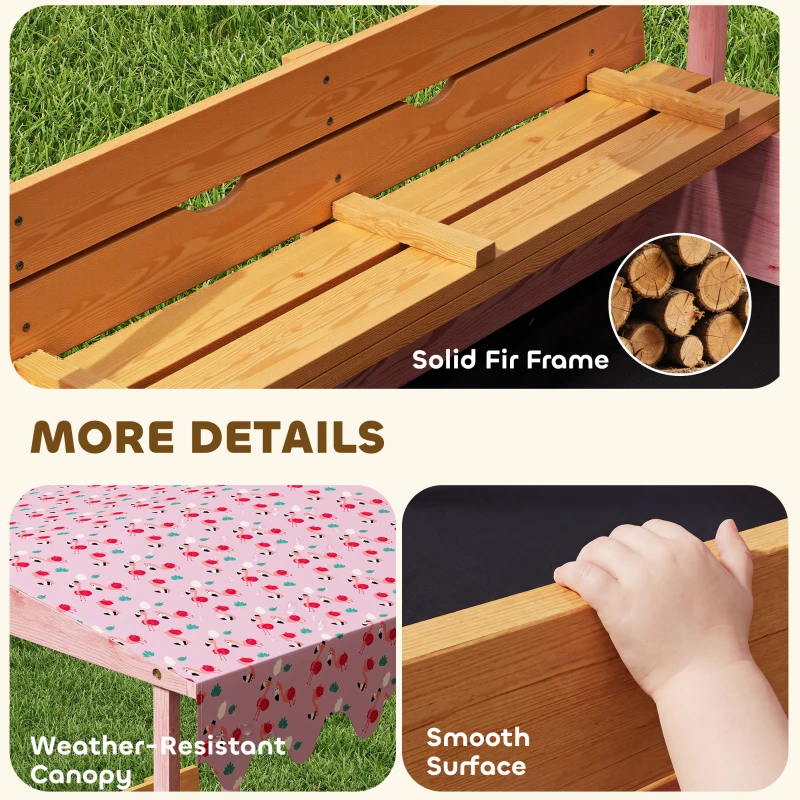 AIYAPLAY Wooden Sandbox with Lid, Flamingos Print Canopy, Kids Outdoor Sand Pit with Foldable Bench Seats, Bottom Liner, Pink