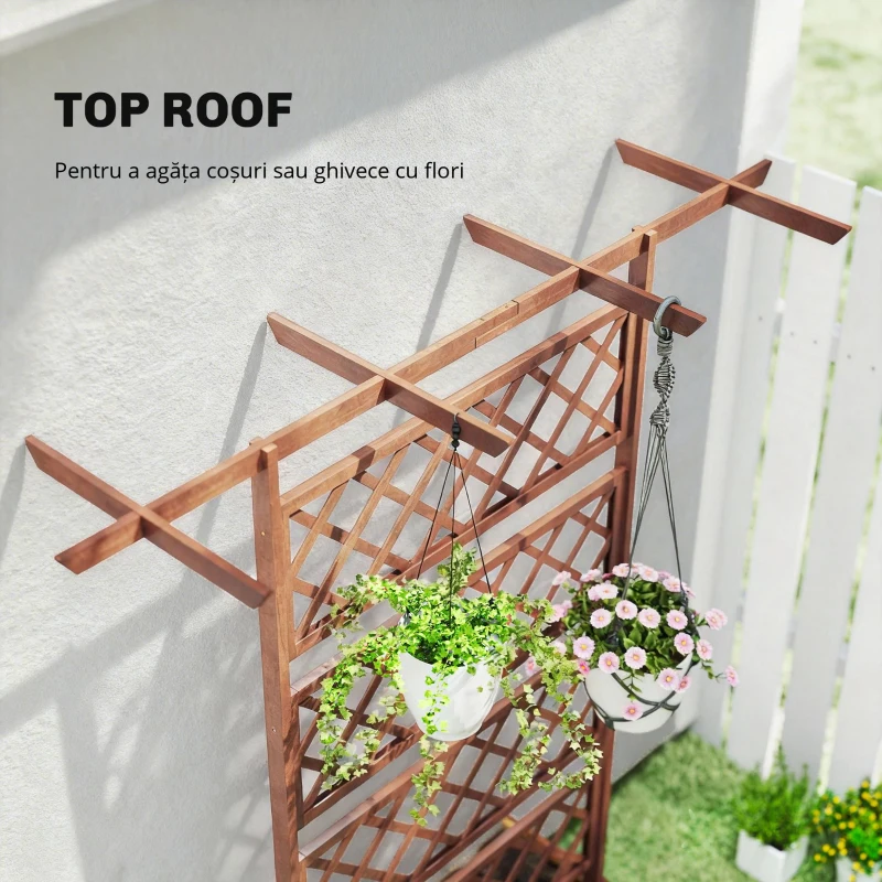 Outsunny Jardinieră cu grilaj, cutie de plante pătrată din lemn cu spalier posterior pentru plante cățărătoare și acoperiș