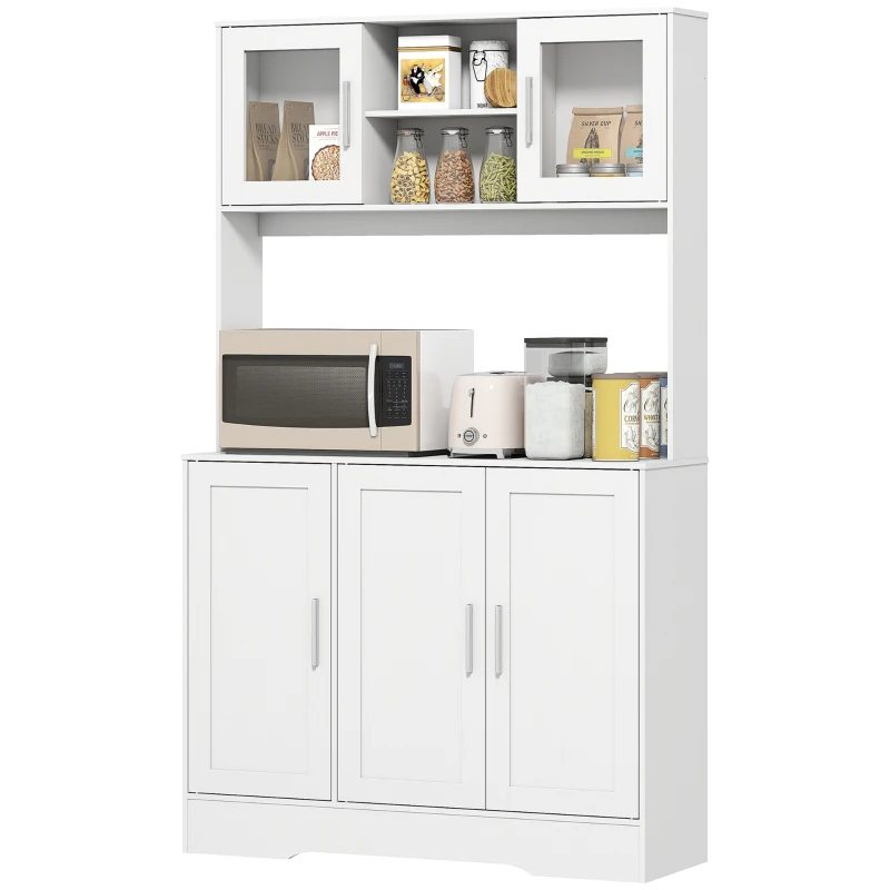 HOMCOM Alacena de Cocina con 2 Puertas de Vidrio Encimera Amplia para Microondas Estantes Ajustables 108x35x180 cm Blanco