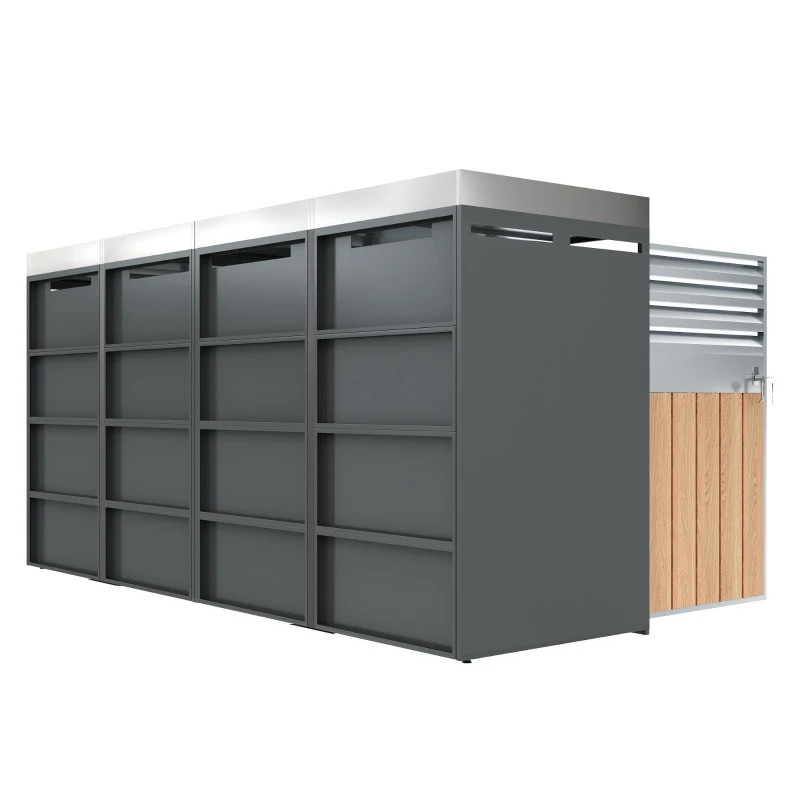 Mülltonnenbox mit integrierter Pflanzfläche, abschließbarer 4‑Fach‑Mülltonnenschrank, 264x80x124,5 cm, Grau+Naturfarbe