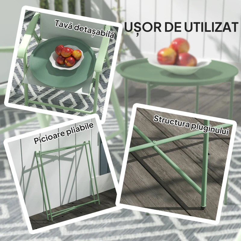 Outsunny Masă de grădină cu tavă detașabilă și picioare pliabile din oțel, Ø46x50 cm, verde