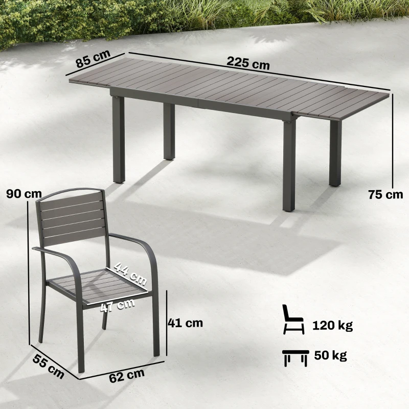Outsunny Set de muebles de jardín conjunto de 7 piezas mesa extensible con 6 sillas aspecto madera diseño de lamas armazón de aluminio