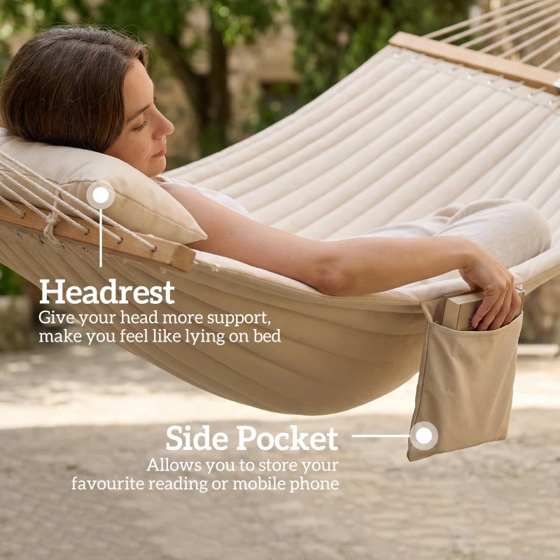 Outsunny Double Hammock 2 Person Swing Bed with Spreader Bars, Pillows, Pad, 200 x 140cm, Cream White