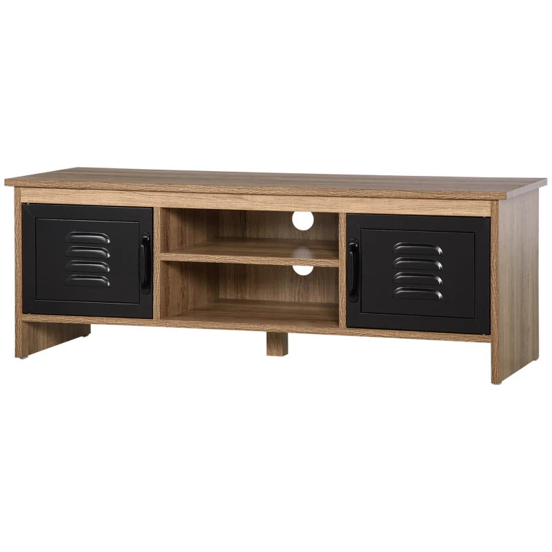 HOMCOM Comodă TV 110 cm, Design Industrial, cu 2 dulapuri, 2 nișe, 2 orificii pentru cabluri, Aspect lemn cu vene, Uși metal negre