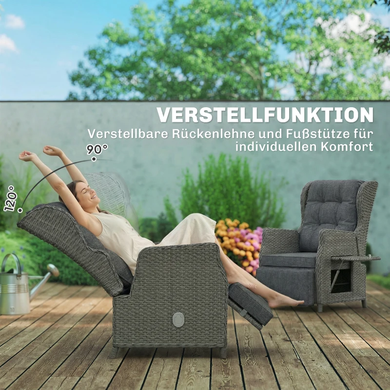 Outsunny Rattanstuhl mit Klapptisch, Liegestuhl Gartenstuhl Verstellbare Rückenlehne und Fußstütze 81 x 58 x 98,5 cm Dunkelgrau