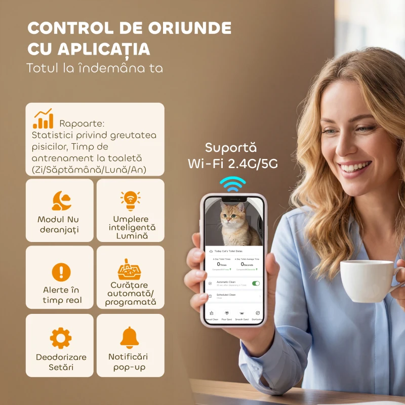 PawHut Litieră cu Auto-Curățare, Cameră HD, Recipient de 7L și Senzori, din PP și ABS, 58.1x47.5x53 cm, Alb și Gri