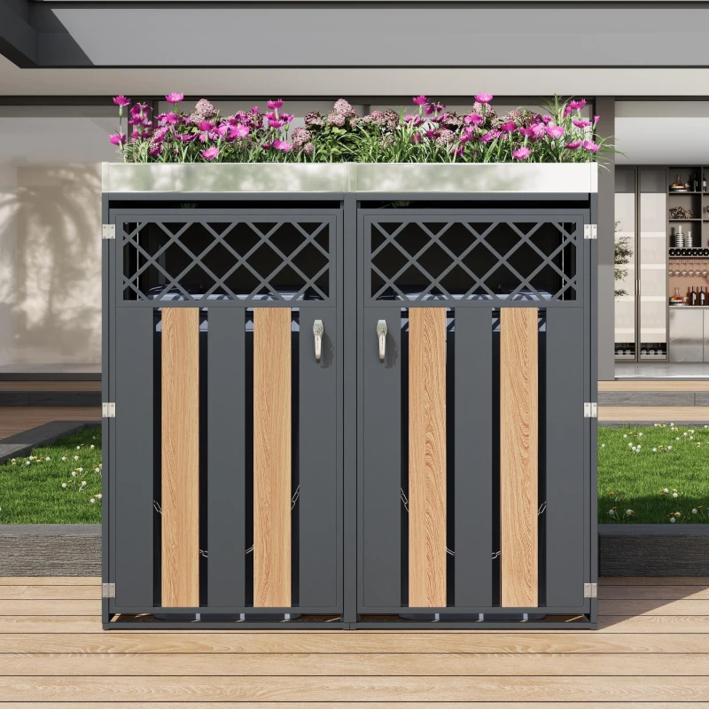 Mülltonnenschrank mit Blumentrog, 2-tlg. abschließbare Mülltonnenbox, 132x80x124,5 cm, Grau+Naturfarbe