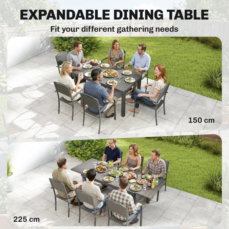 Outsunny Gartenmöbel Set Sitzgruppe 7-teilig Ausziehbar Tisch mit 6 Stühlen Holzoptik Lamelldesign Aluminiumrahmen