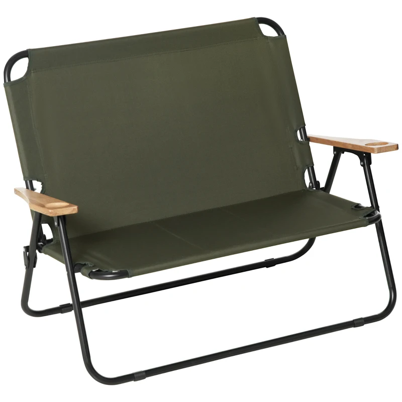 Outsunny Chaise double banc 2 places pliant pour Camping avec accoudoirs en bois et porte-gobelets, dim. 114L x 67l x 80H cm