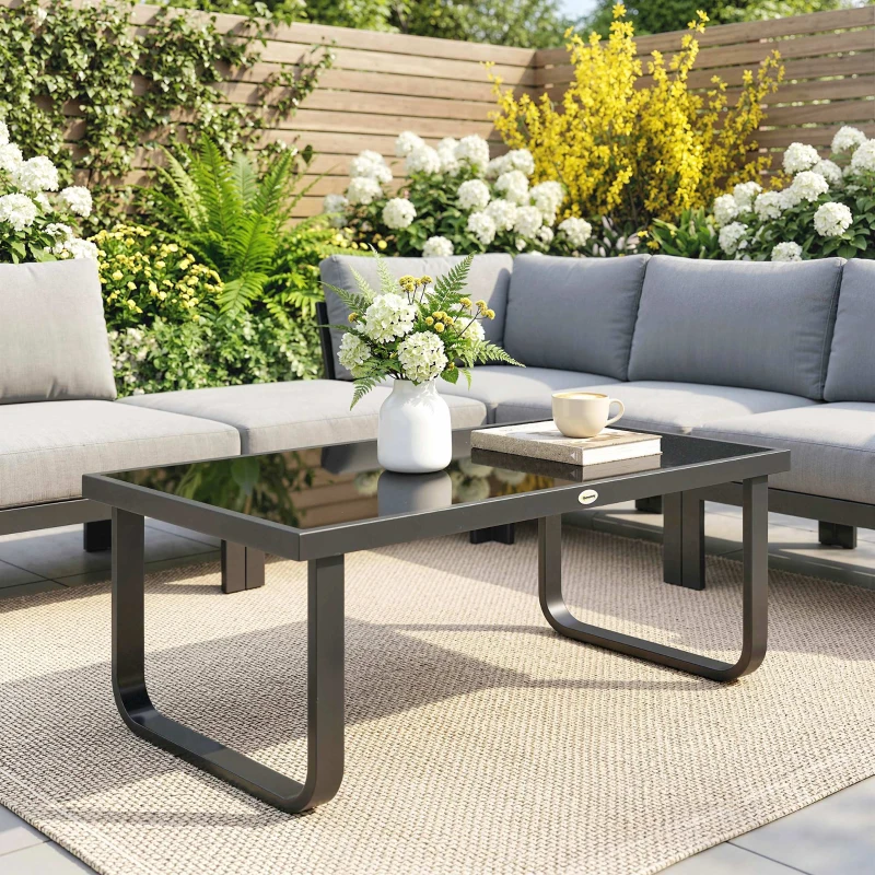 Outsunny Outdoor Garden Coffee Table, Rectangle Metal Side Table with Tempered Glass Tabletop, Adjustable Foot Pads