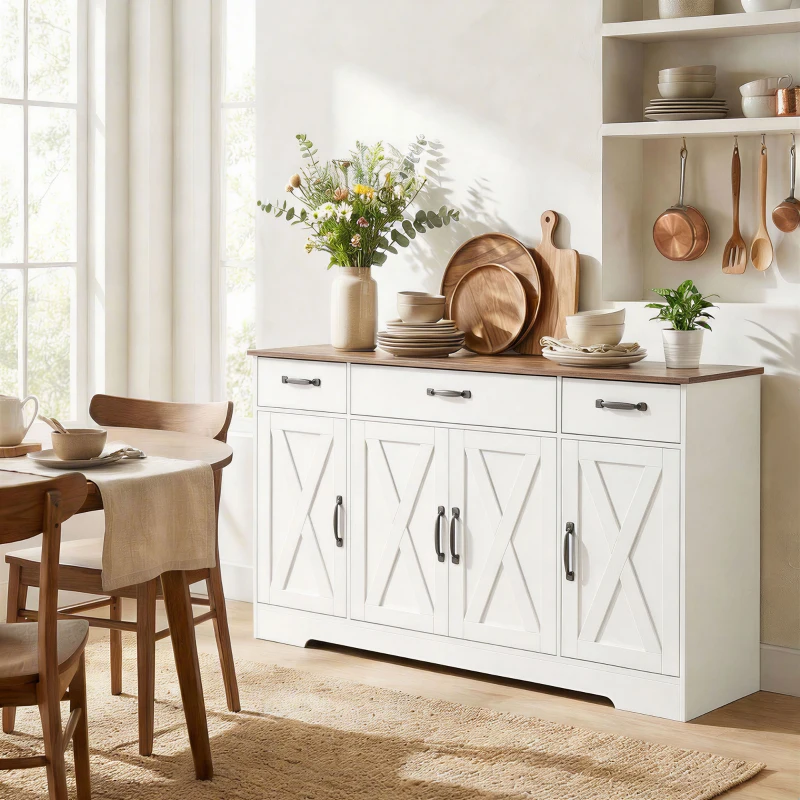 HOMCOM Credenza cucina country con 4 ante fienile, 3 cassetti e ripiani, Bianco