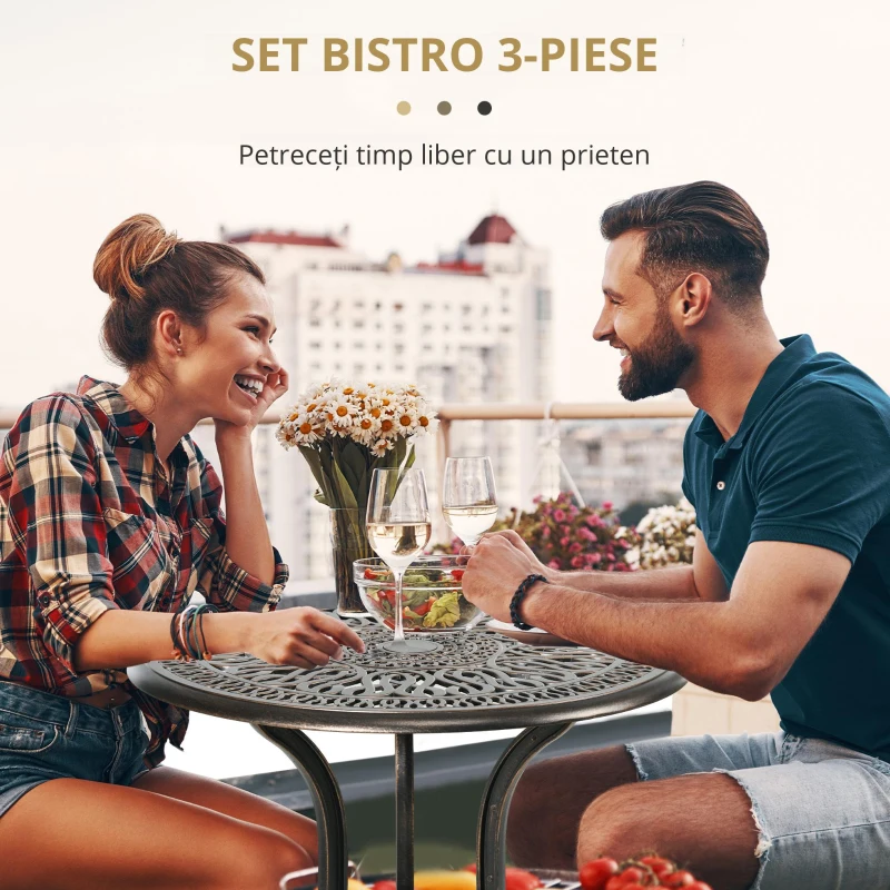 Outsunny Set Mobilier Grădină 2 Persoane 2 scaune și Masă Rotundă stil retro din aluminiu turnat, bronz