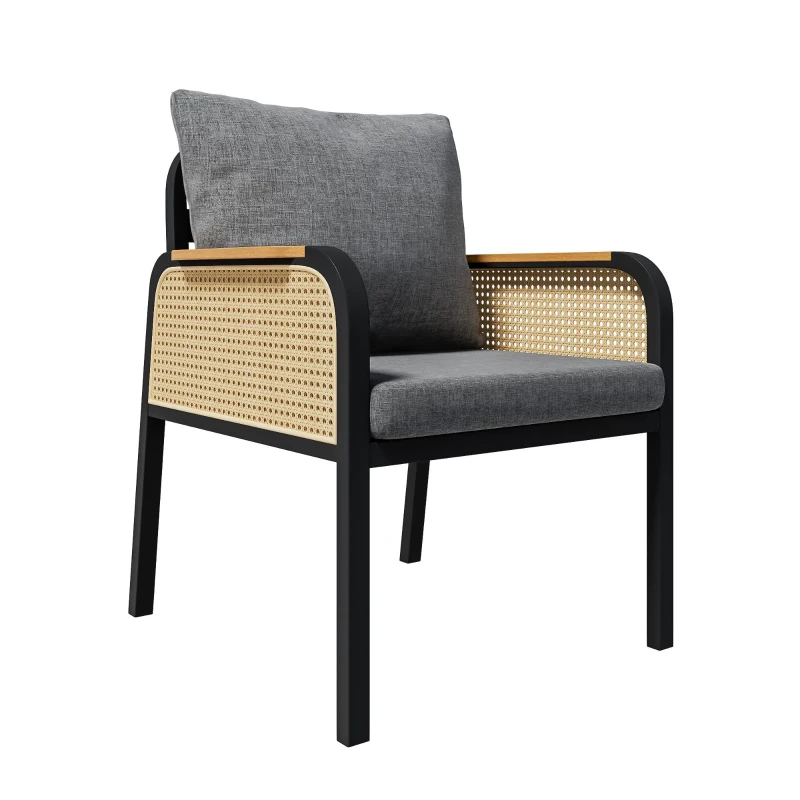 Modernes 6-teiliges Garten- und Terrassen-Esstisch-Set, kreuzförmigem Eisengestell, Schwarz+Naturfarbe