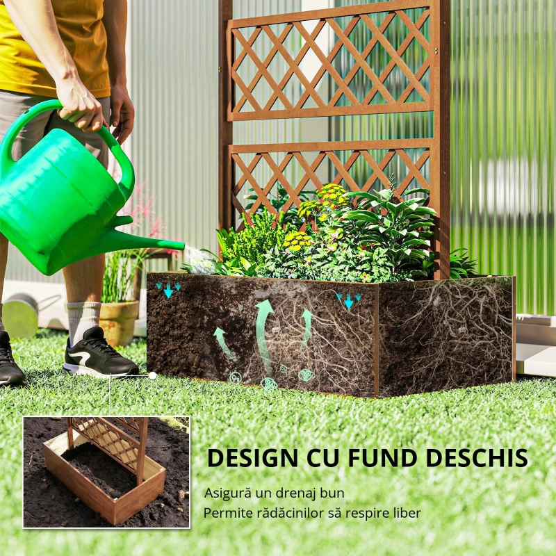 Outsunny Jardinieră cu grilaj, cutie de plante pătrată din lemn cu spalier posterior pentru plante cățărătoare și acoperiș