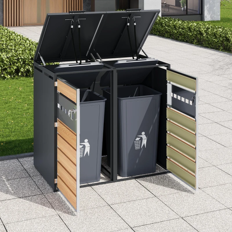 Mülltonnenbox mit hydraulischem Klappdeckel, mit 2 separaten Fächern und abschließbaren Türen, 132x80x118,5 cm, Grau+Naturfarbe