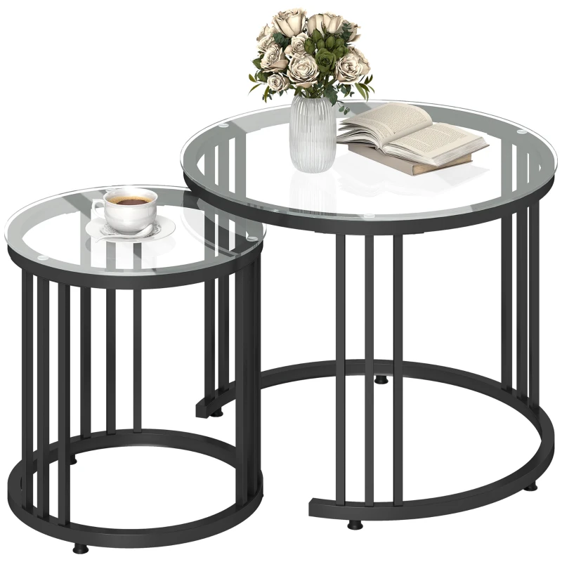 HOMCOM Round Coffee Tables Set of 2, Nesting Tables with Tempered Glass Top and Steel Frame, Black