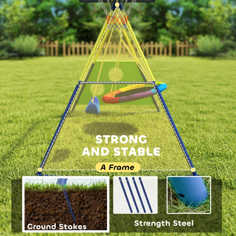 AIYAPLAY 4-in-1 Kids Swing Set with Saucer Swing, Basketball Hoop and Football Goal, Outdoor Playground Playset for Garden