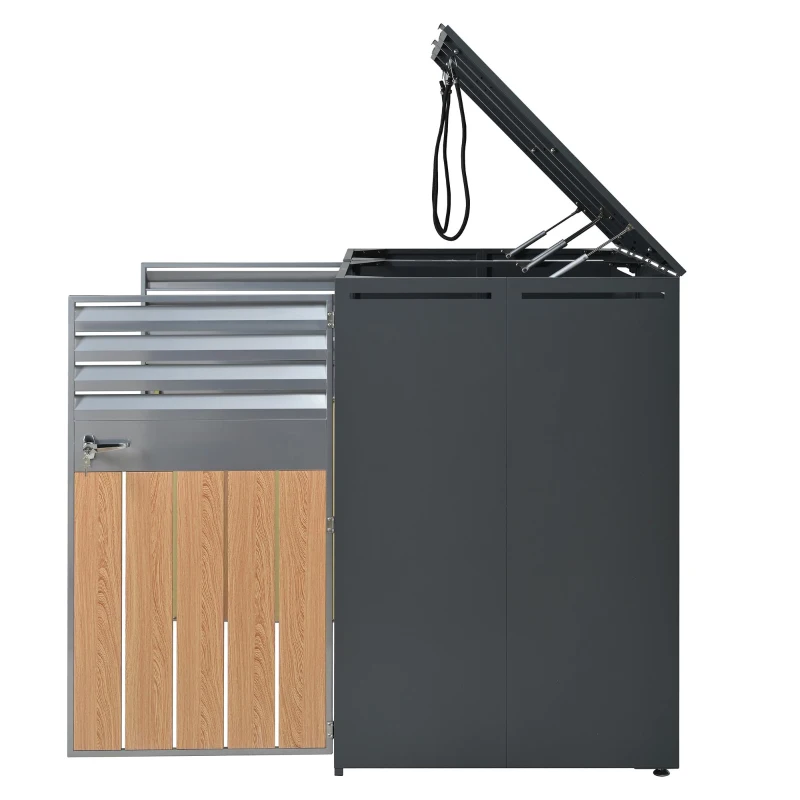 Mülltonnenbox mit hydraulischem Klappdeckel, zweiteiliges Design für 2 Mülltonnen, 132x80x118,5 cm, Grau+Naturfarbe