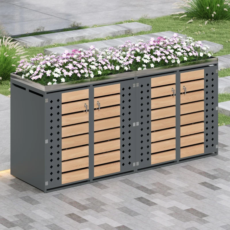Mülltonnenbox 4‑fach, abschließbar mit integriertem Pflanzkasten, 264x80x124.5 cm, Grau+Naturfarbe