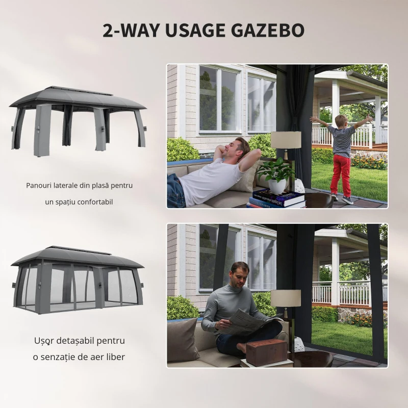 Outsunny Pavilion, Cort de petreceri, cu plase anti-insecte, plafon rezistent la vânt, pentru până la 15 persoane, gri închis, 3 x 6 x 3 m
