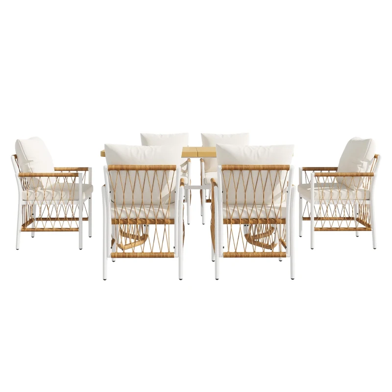 Modernes 7-teiliges Gartenmöbel-Set, weißes Eisengestell mit geflochtenen Armlehnen, 1 Tisch + 6 Stühle, Beige+Naturfarbe
