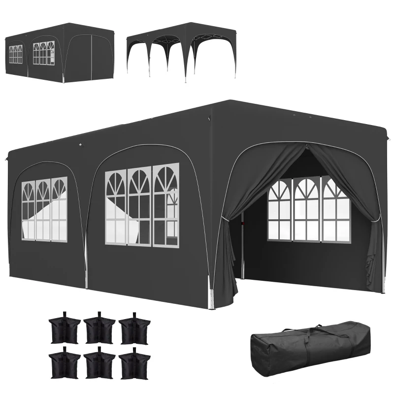 Outsunny Tonelă pliabilă 3 x 6 m Pop-Up, UPF50+ Înălțime reglabilă, cu sac de transport și saci de nisip, gri închis