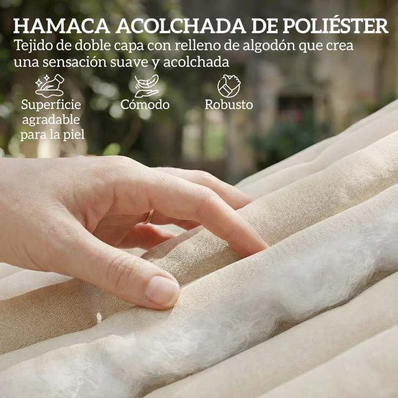 Outsunny Hamaca Acolchada de Jardín Portátil con Almohada Desmontable Bolsillo para Revistas Marco de Madera 325x140 cm Crema