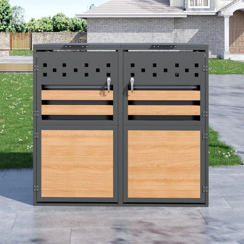 Mülltonnenbox mit hydraulischem Klappdeckel, abschließbaren Doppeltüren und zwei Fächern, 132x80x120 cm, Grau+Naturfarbe