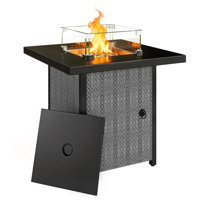 Outsunny Propane Gas Fire Pit Table for Garden, 11.7 KW Smokeless Firepit Outdoor Heater with Wind Guard, Glass Rocks, Lid, Black
