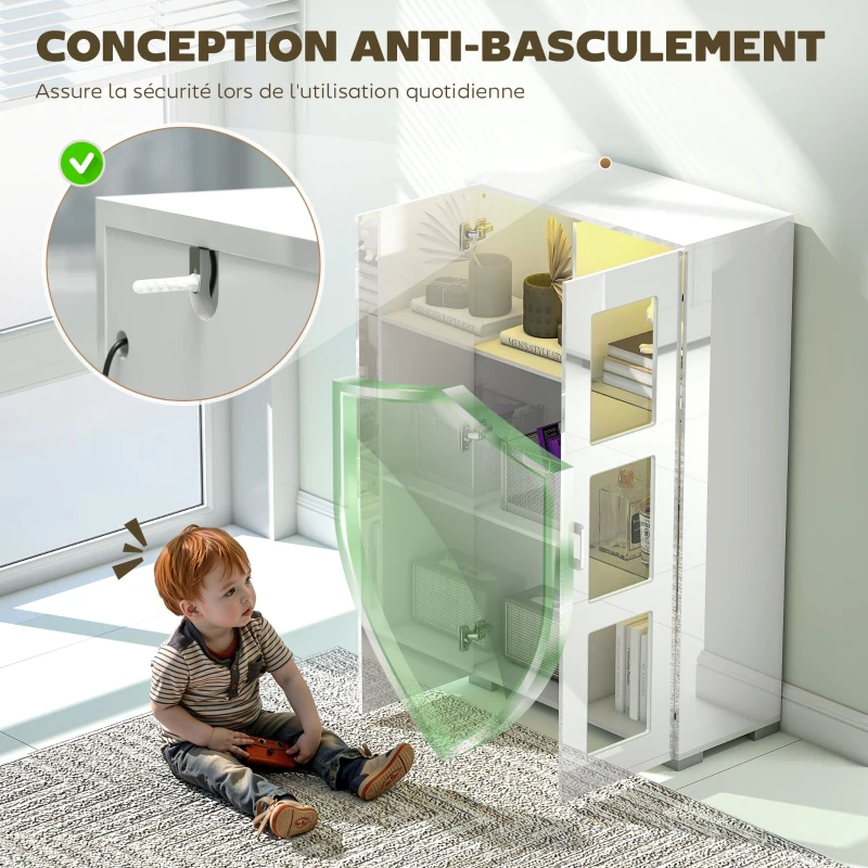 HOMCOM Bufet cu LED RGB 16 culori și telecomandă, finisaj lucios, uși vitrate, rafturi din sticlă, 71x35x126 cm, alb