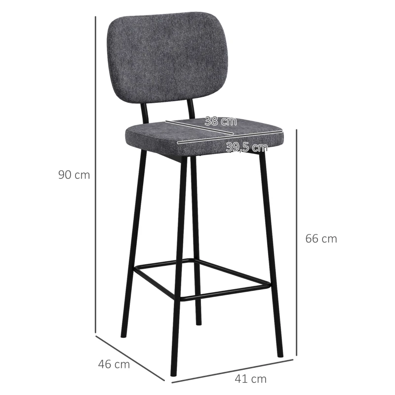 HOMCOM Set de 2 taburete de bar, scaune înalte pentru bucătărie cu suport pentru picioare și spătar din material tip in și oțel