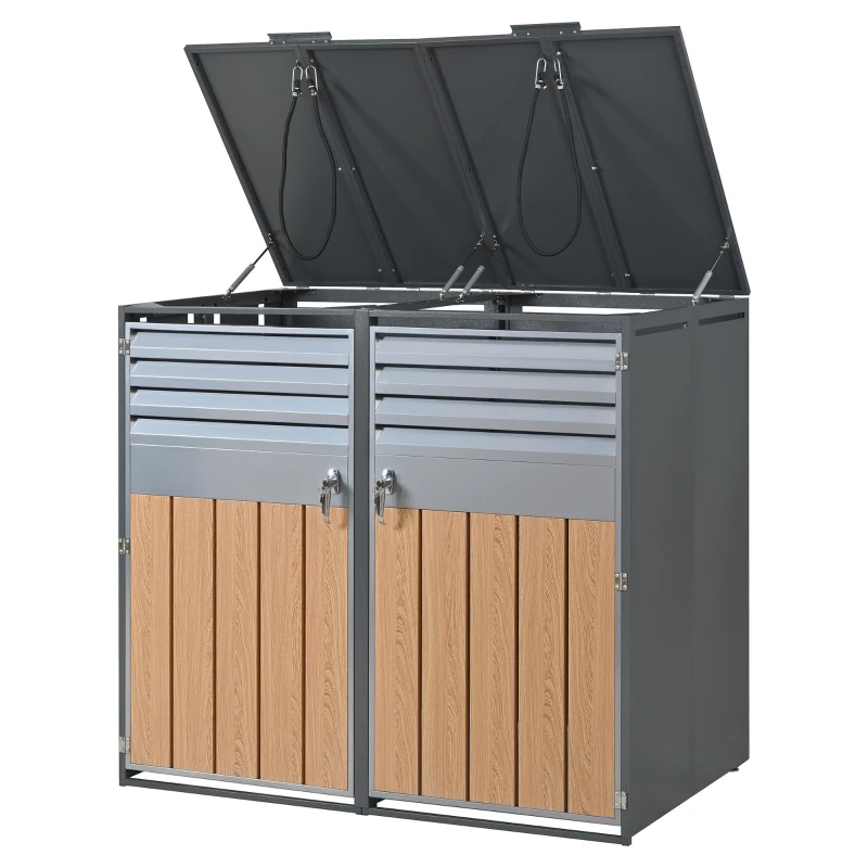 Mülltonnenbox mit hydraulischem Klappdeckel, zweiteiliges Design für 2 Mülltonnen, 132x80x118,5 cm, Grau+Naturfarbe