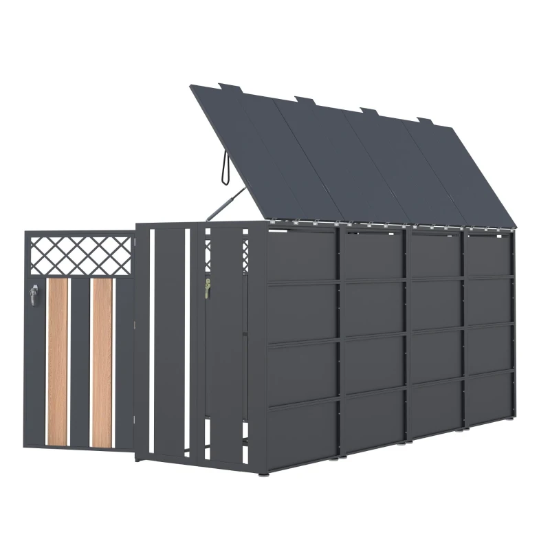 Mülltonnenbox mit hydraulisch gestütztem Klappdeckel, 4 separate Fächer, für Außenbereich, 264x80x118.5 cm, Grau+Naturfarbe