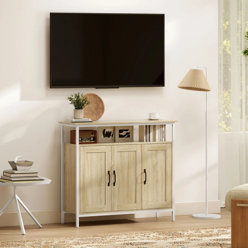 HOMCOM Bufet, corp de depozitare cu 3 uși, compartiment deschis și 4 rafturi reglabile, 100 x 35 x 88 cm, lemn natural