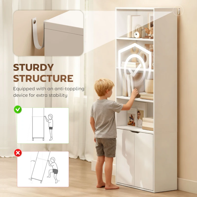 HOMCOM 6-Tier Tall Bookcase, Bookshelf with 4 Open Shelves and Double Door Storage Cabinet, Freestanding Display Rack for Living Room, Bedroom, Home Office, Study, 59 x 29 x 180cm, White