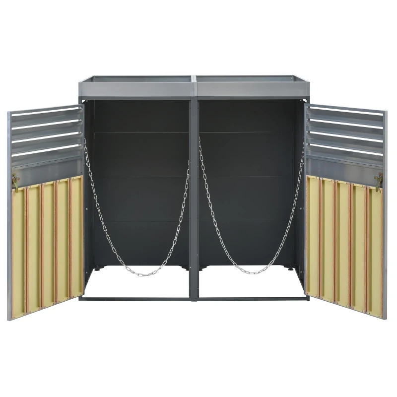 Abschließbare Mülltonnenbox mit integriertem Pflanzgefäß, Lamellenlüftung und zwei separaten Türen, 132x80x124,5 cm, Grau+Naturfarbe